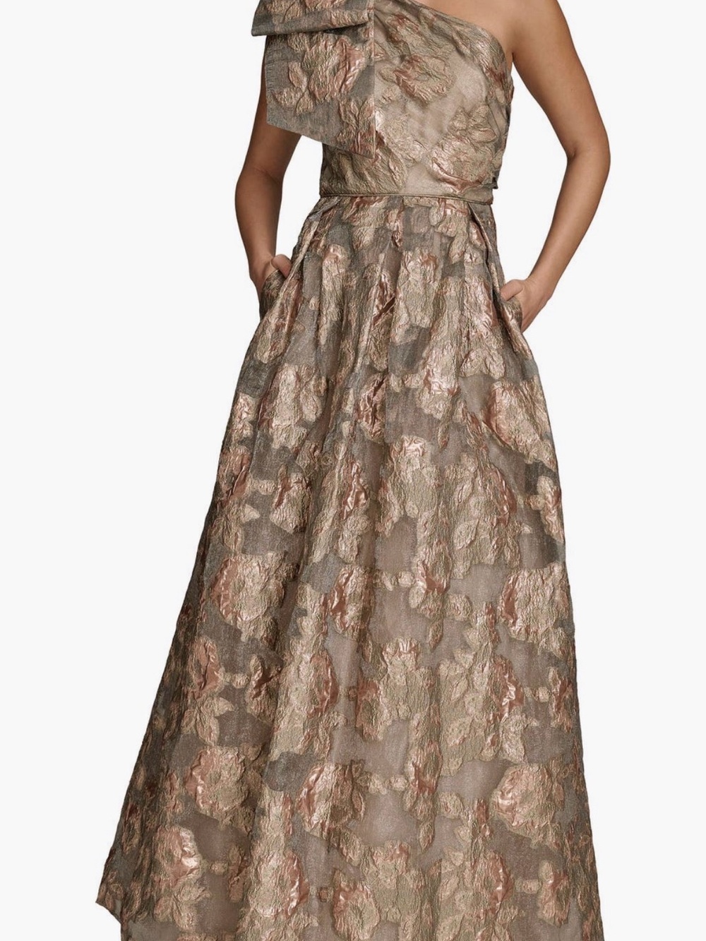 Donna Karan One-Shoulder Metallic Rose Gold and Taupe Floral Gown